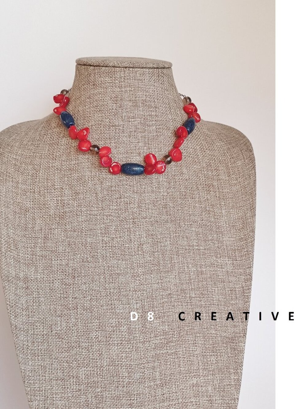 New red coral with lapis lazuli and quartz sterling silver choker necklace